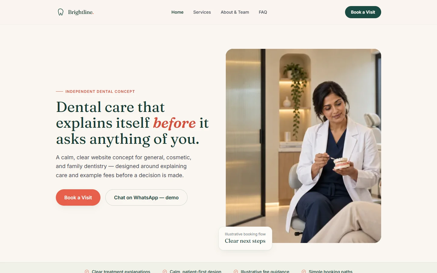 Brightline Dental production website showing its navigation, dental-care message and clinical imagery