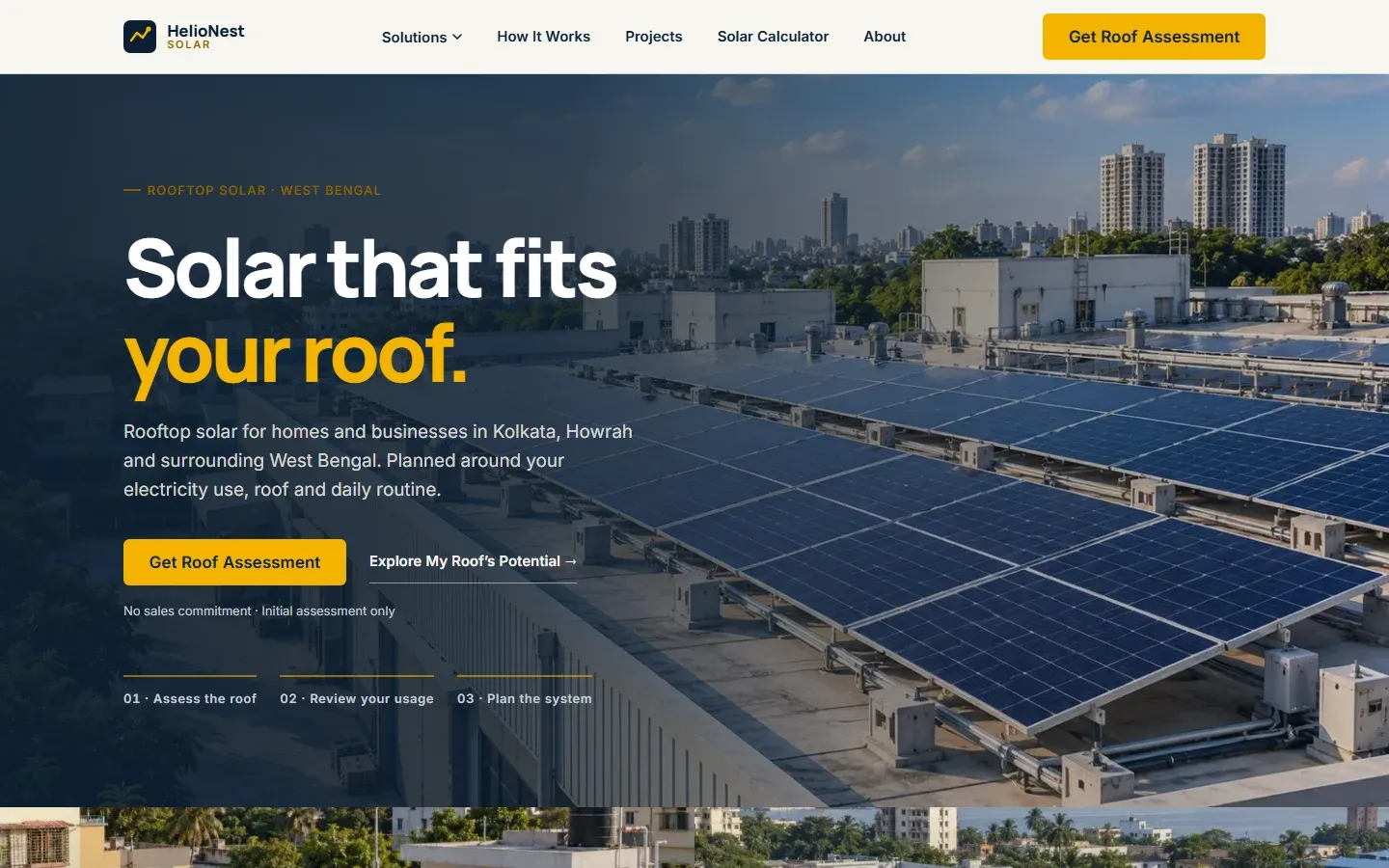 HelioNest Solar production website showing rooftop solar photography, navigation and its decision-focused interface