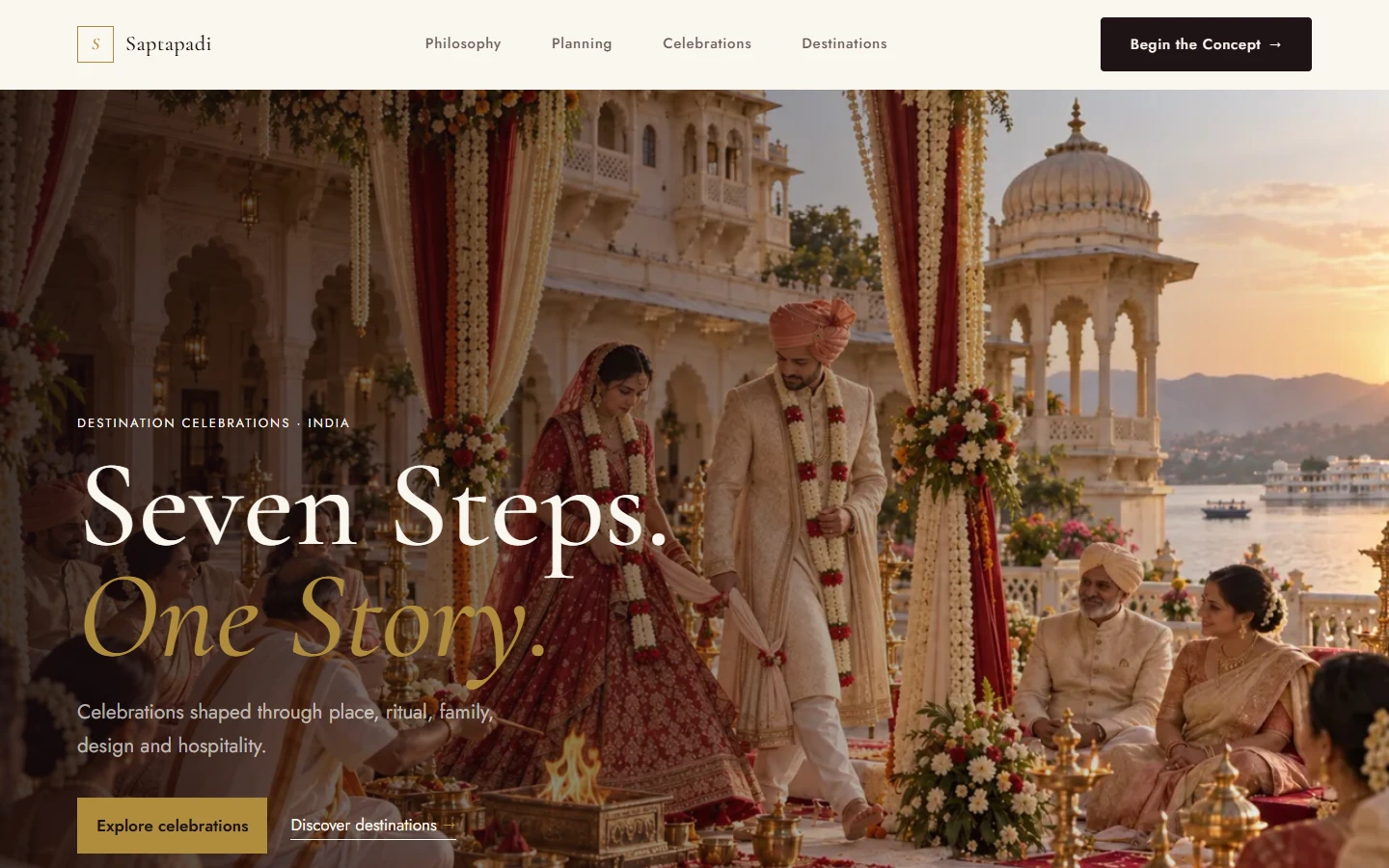 Saptapadi production website interface showing Bengali wedding imagery, typography and navigation