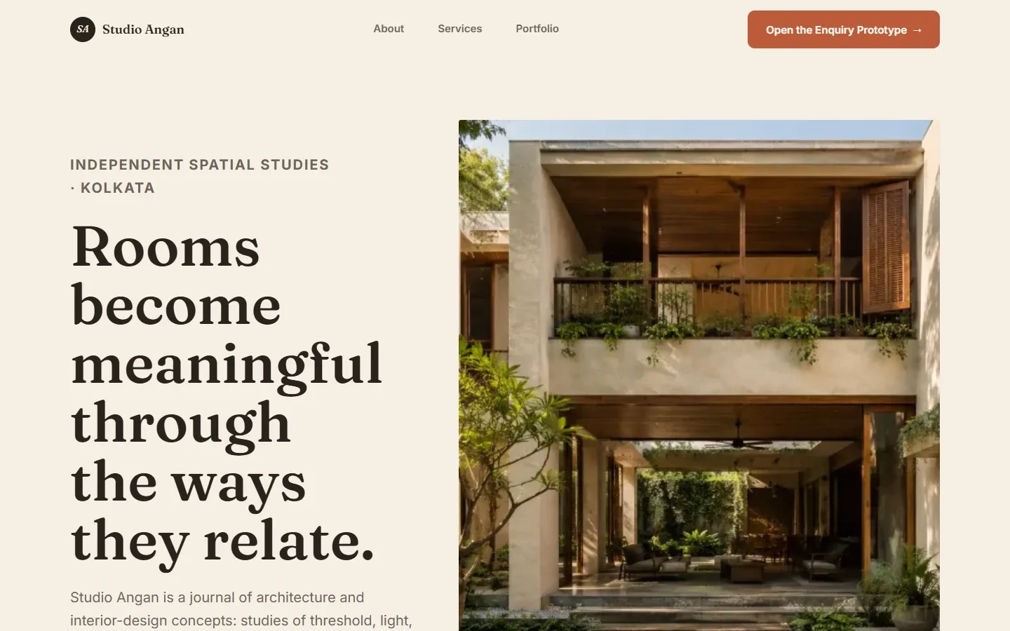 Studio Angan production website interface showing its architectural portfolio and navigation