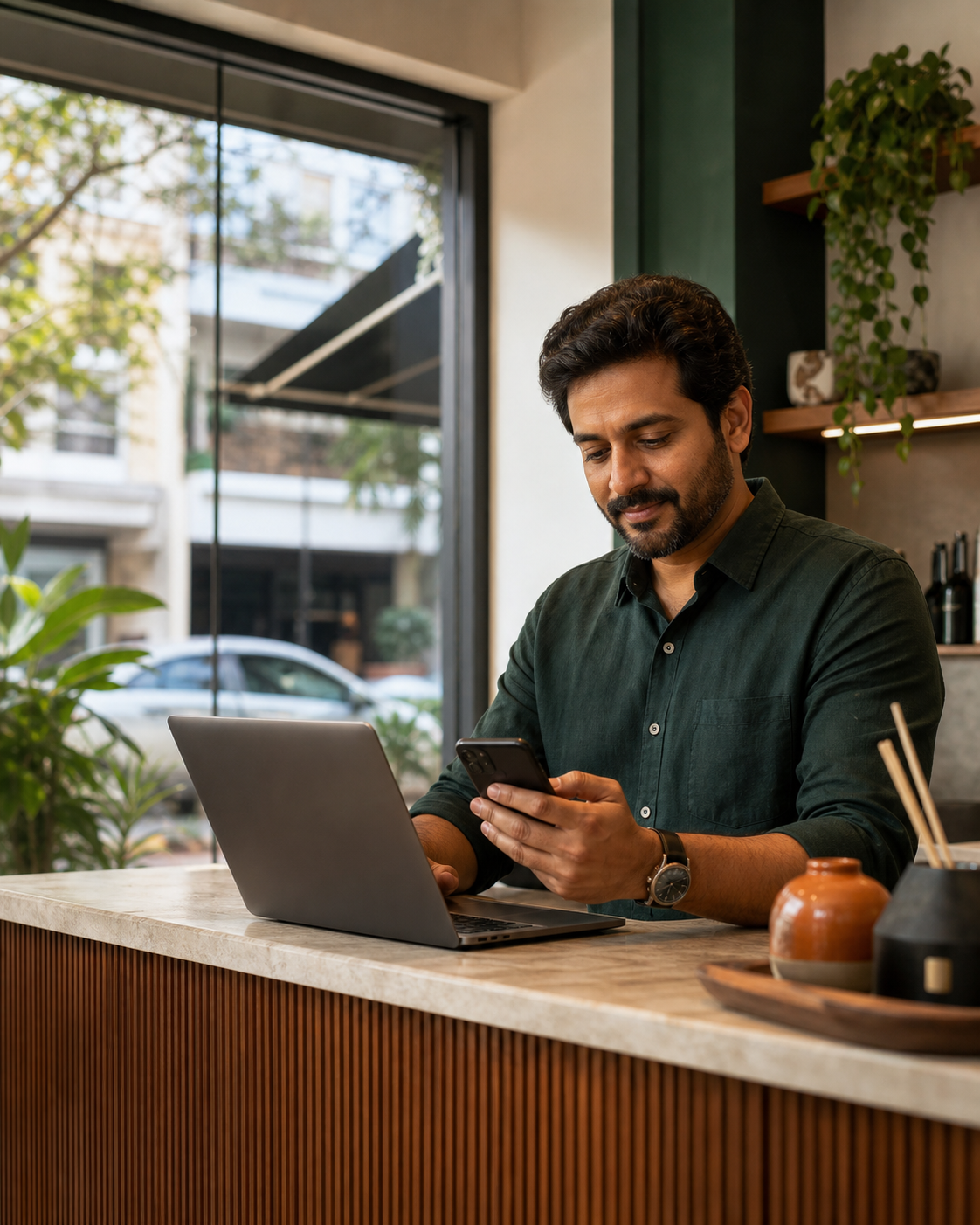 Illustrative local business owner managing online enquiries